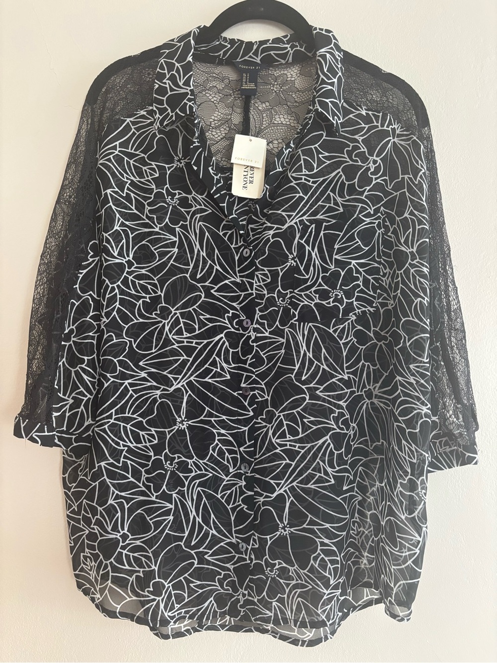 Forever 21 Lace-Sleeve Button Front Blouse - Black/White - L